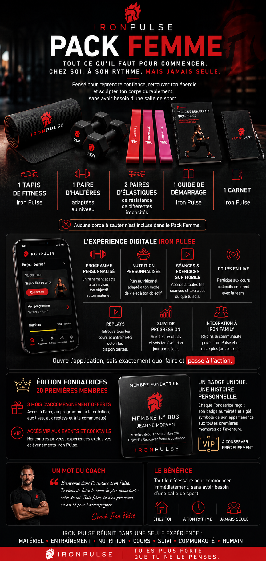 Coffret Pack Femme Iron Pulse : tapis, haltères, élastiques, guide de démarrage et carnet